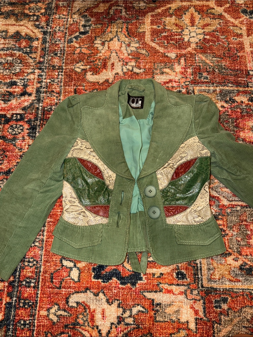 Olive Green rare vintage Women's Corduroy Blazer with Leather Accent